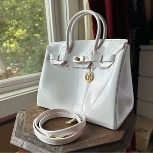White Patent Jelly Beachkins Tote Golden Hardware